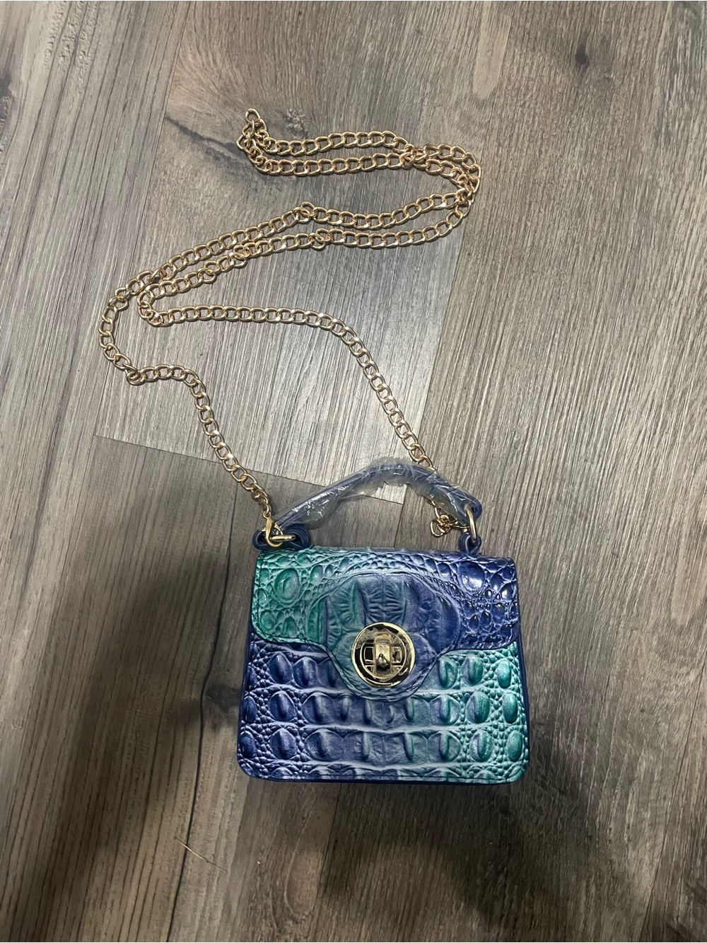 Croc-Embossed Chain Crossbody Bag in Blue-Green